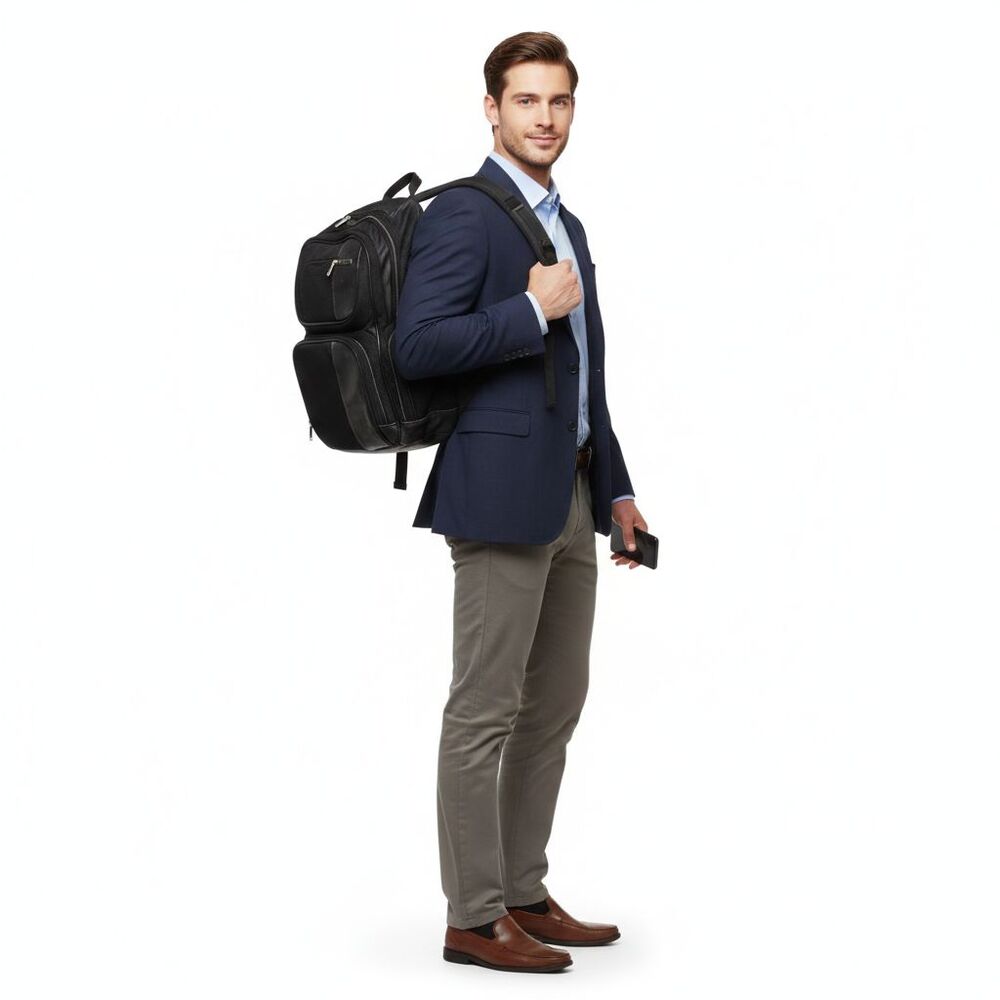 Tumi Backpack LXT Creativity Black Leather Nylon Expandable Laptop  #23181